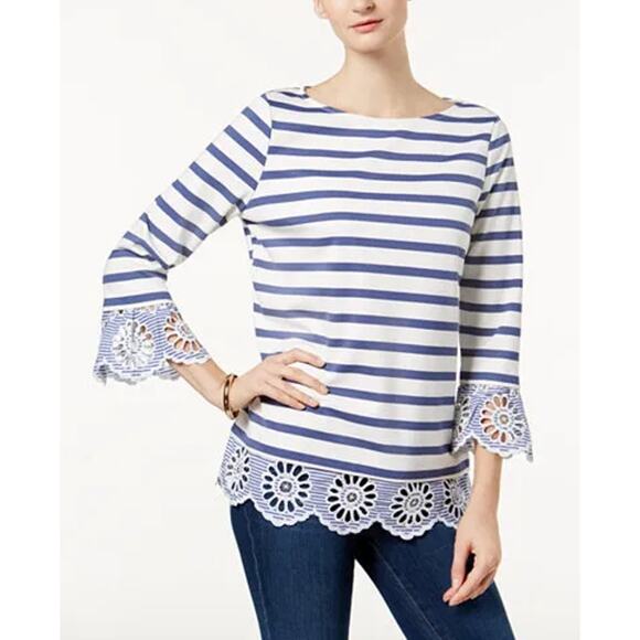 Charter Club Striped Blouse 3/4 Sleeve Embroidered Eyelet Blue White Womens Sz M - Picture 1 of 7